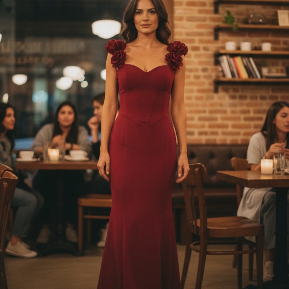 Fashion Nova Burgundy Floral-Shoulder Maxi Gown